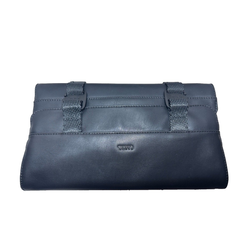 Tumi Black Leather Travel Roll Up Organizer Tech Pouch G-Hook Buckle